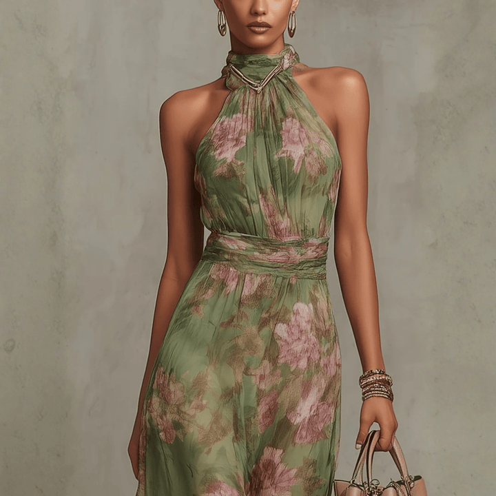 Christabel | Floral Halter Neck Chiffon Maxi Dress