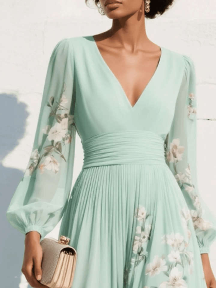 Evelyn | Elegant Pleated Floral Chiffon Midi Dress