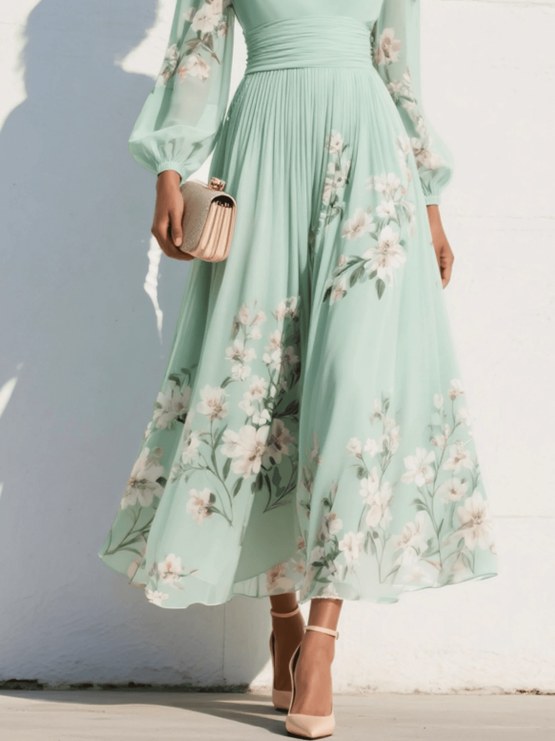 Evelyn | Elegant Pleated Floral Chiffon Midi Dress