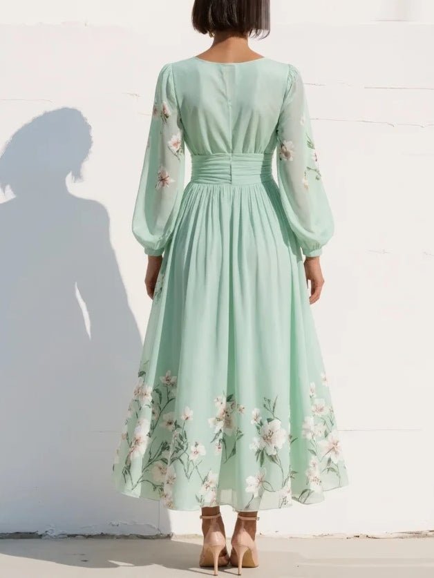 Evelyn | Elegant Pleated Floral Chiffon Midi Dress