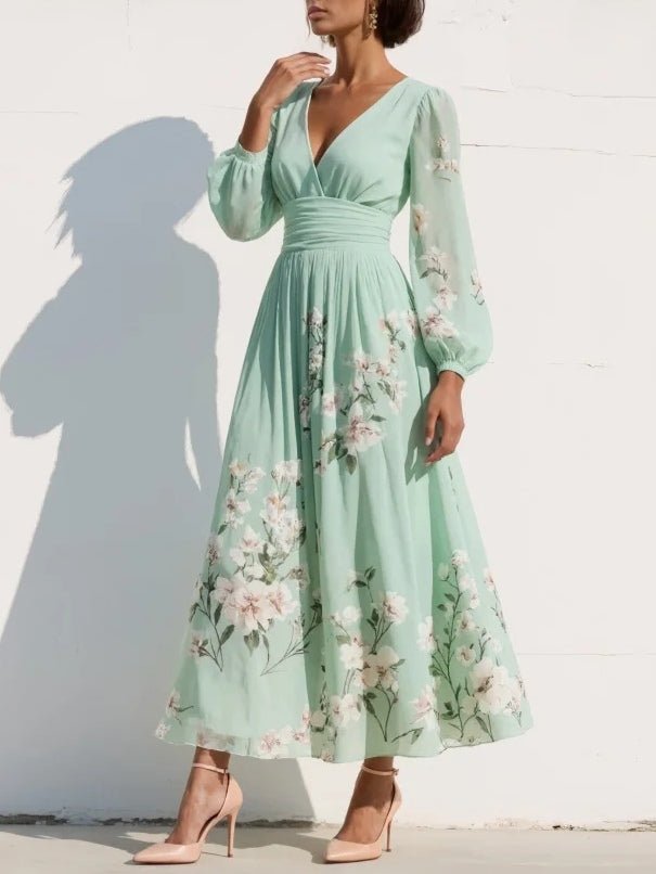 Evelyn | Elegant Pleated Floral Chiffon Midi Dress