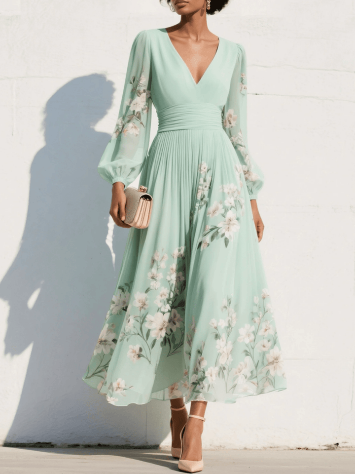 Evelyn | Elegant Pleated Floral Chiffon Midi Dress